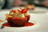 31-strawberries with white chocolate strawberry sauce and a honey tuile.jpg