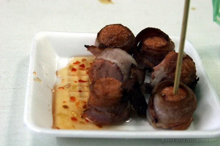 31 deep fried bacon wrapped hot dogs with chili sauce.jpg